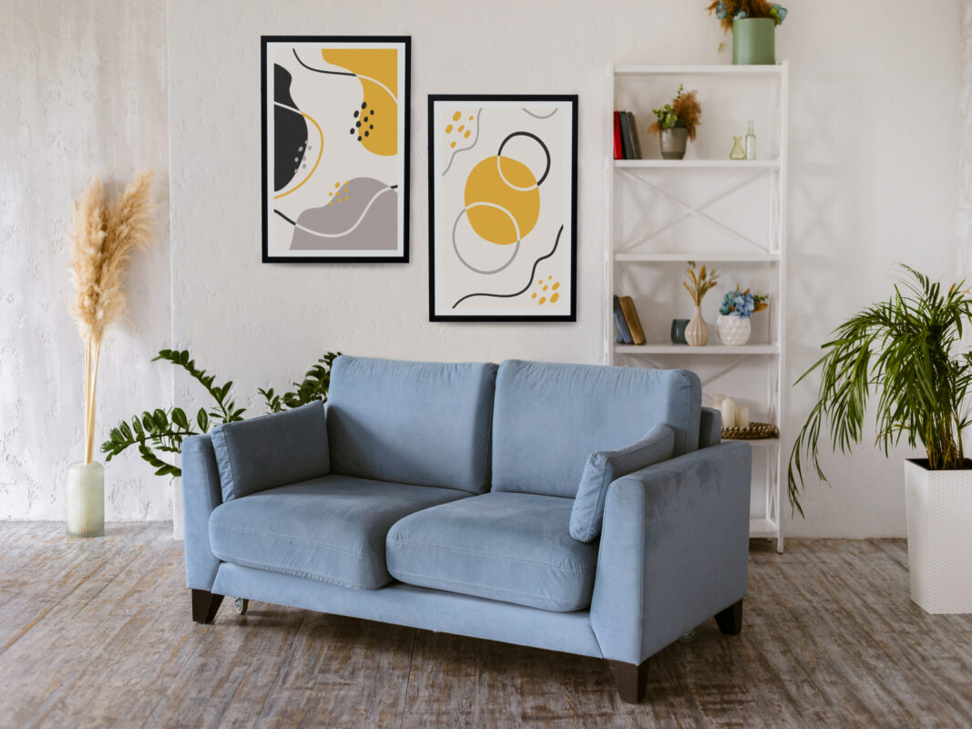 Sofá azul de diseño en sala contemporánea – inspiración de muebles Tufá.
