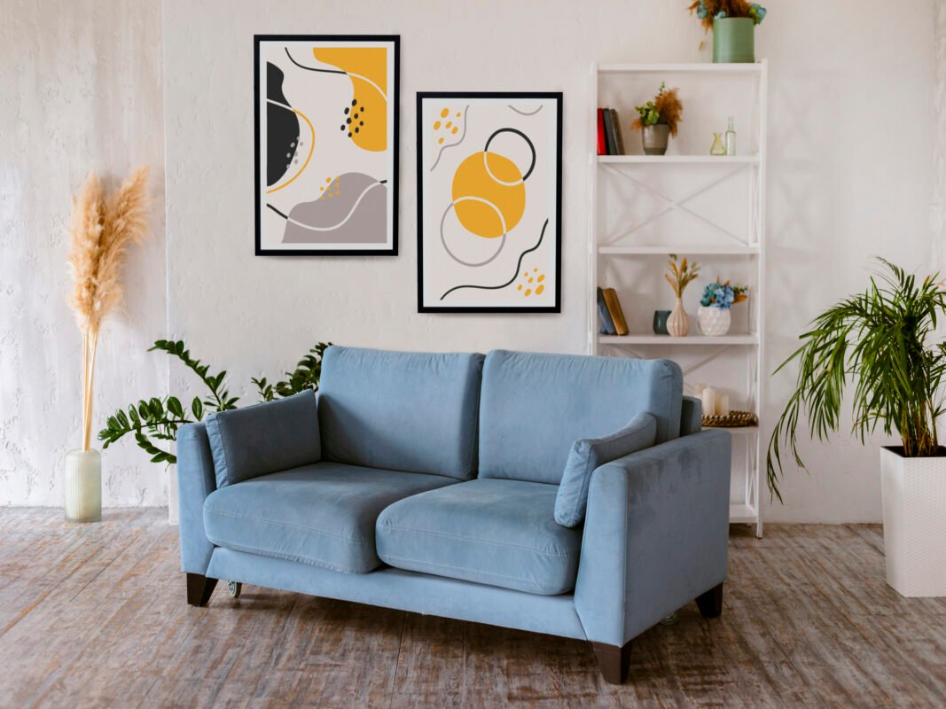 Sofá azul de diseño en sala contemporánea – inspiración de muebles Tufá.